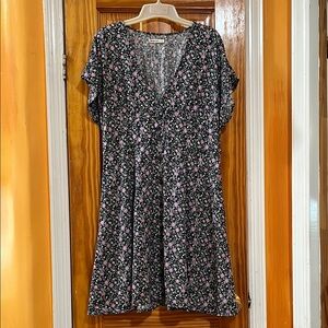 Marine Layer Floral V-neck Camila A-line Black and Pink Flutter Mini Dress L